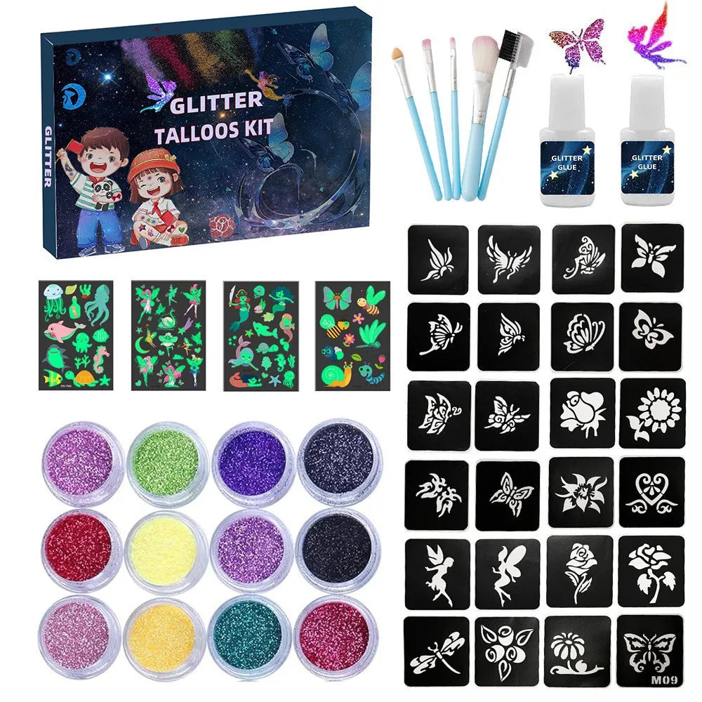 Glitter Temporary Tattoo Kit – 12 Colors, Stencils & Brushes Glitter Tattoo Kit QXL