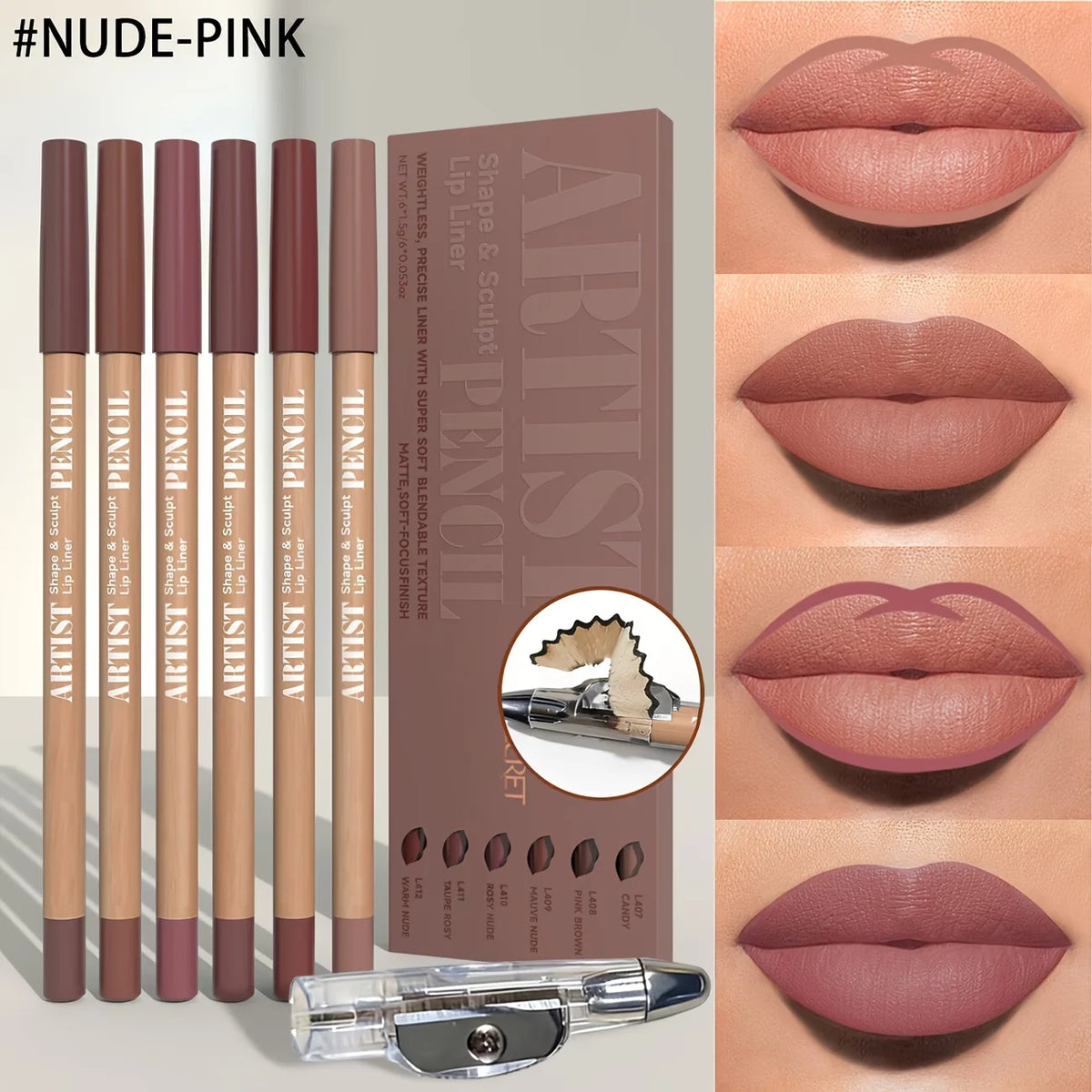 7-Piece Matte Lip Liner Set with Sharpener | Long-Lasting Matte Lip Liner Set QXL NUDE PINK
