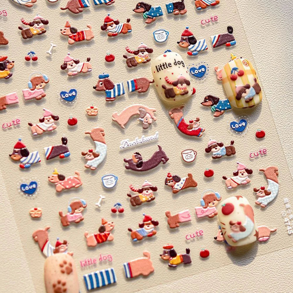 5D Dachshund Cartoon Nail Stickers | Self-Adhesive Nail Decals Nail Art Stickers QXL