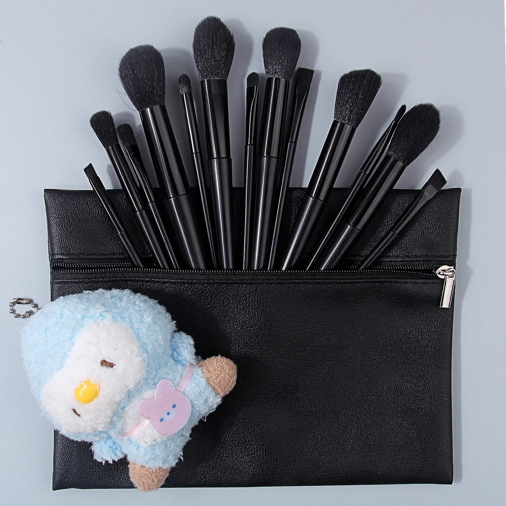 KOSSHOW 15-Pc Black Makeup Brush Set with PU Bag & Puff Makeup Brush Set QXL