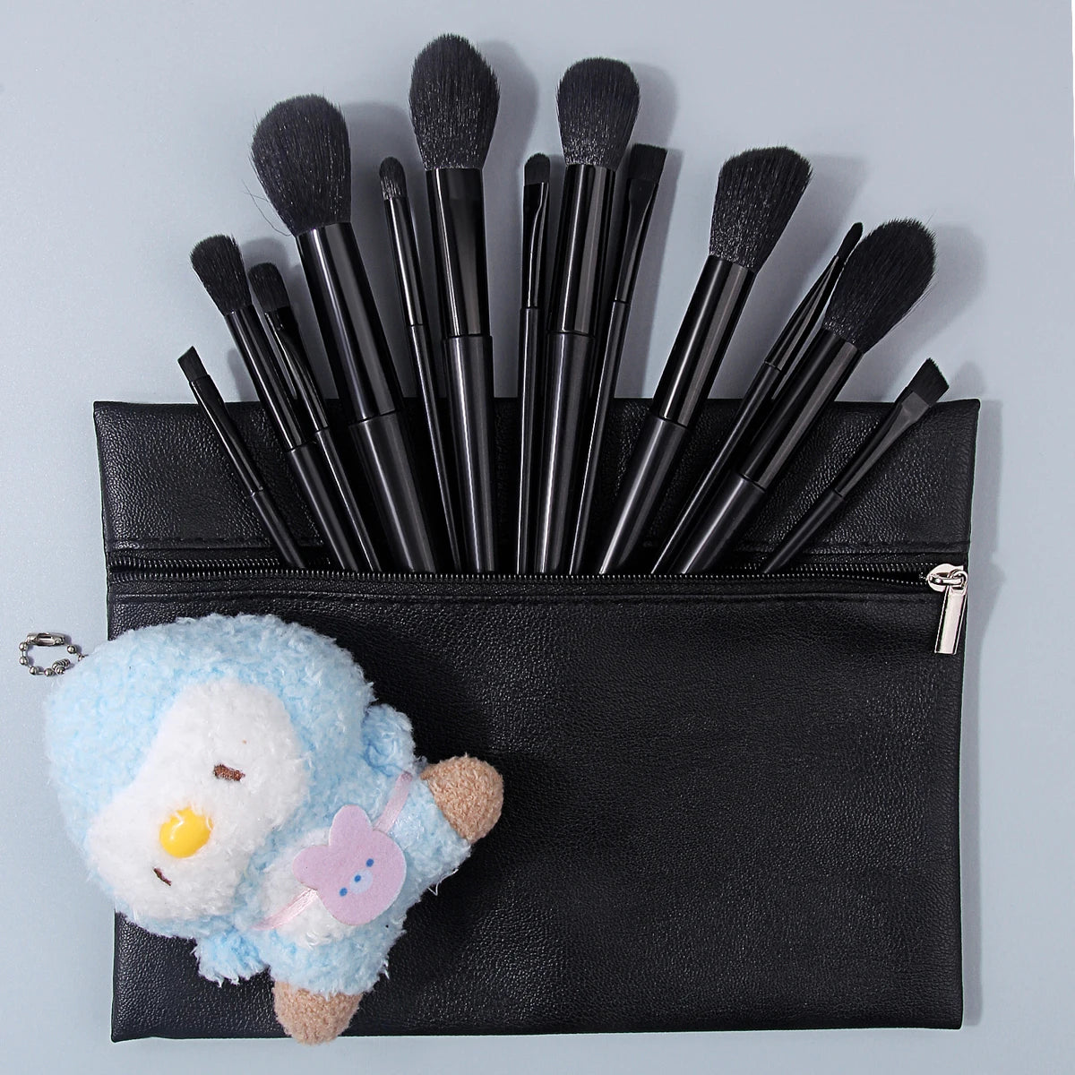 KOSSHOW 15-Pc Black Makeup Brush Set with PU Bag & Puff Makeup Brush Set QXL
