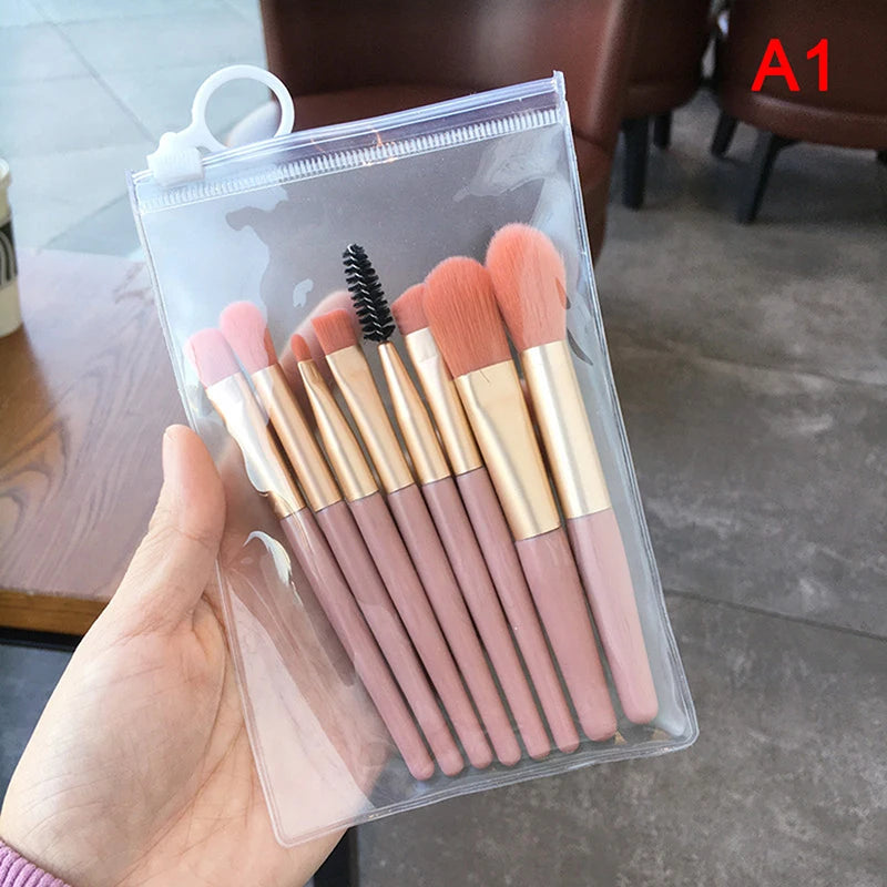8-Piece Mini Makeup Brush Set | Soft Nylon Wood Handle Makeup Brush Set QXL A1