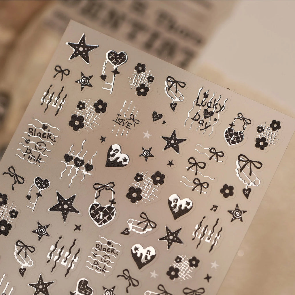 Y2K 5D Nail Art Stickers – Black Silver Lace, Hearts & Bows Nail Art Stickers QXL