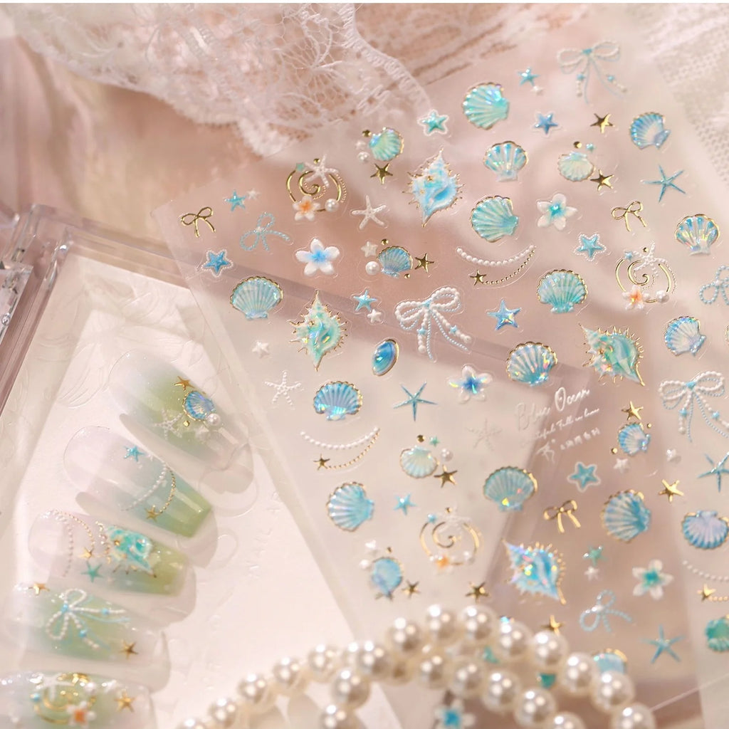 Blue Seashell 5D Nail Stickers | Ocean Starfish Pearl Decals Nail Stickers QXL