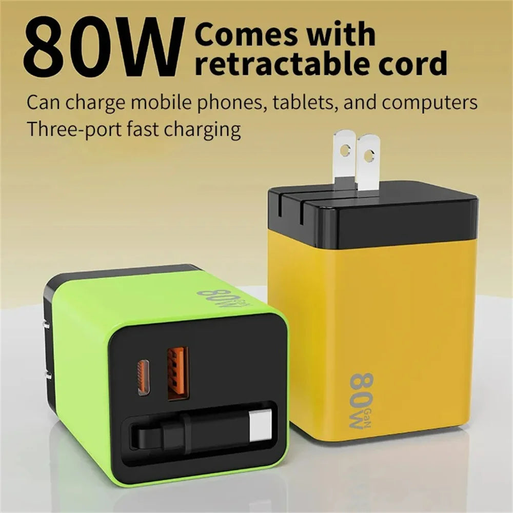 80W GaN USB-C Fast Charger with Retractable Cable | PD Quick Charge USB-C Fast Charger QXL