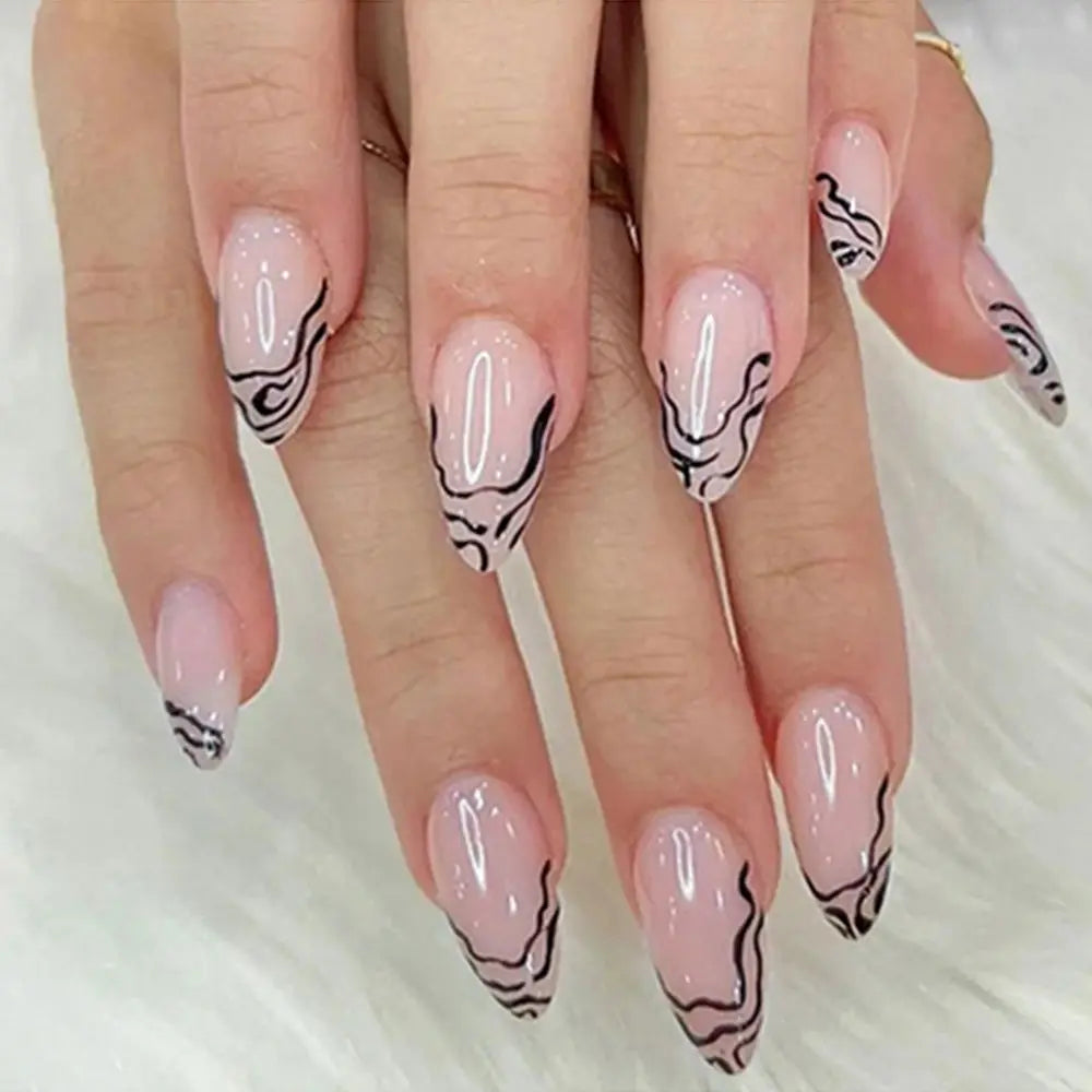 24-Pc Wavy Line Almond & Square Press-On False Nails Set Press-On False Nails QXL