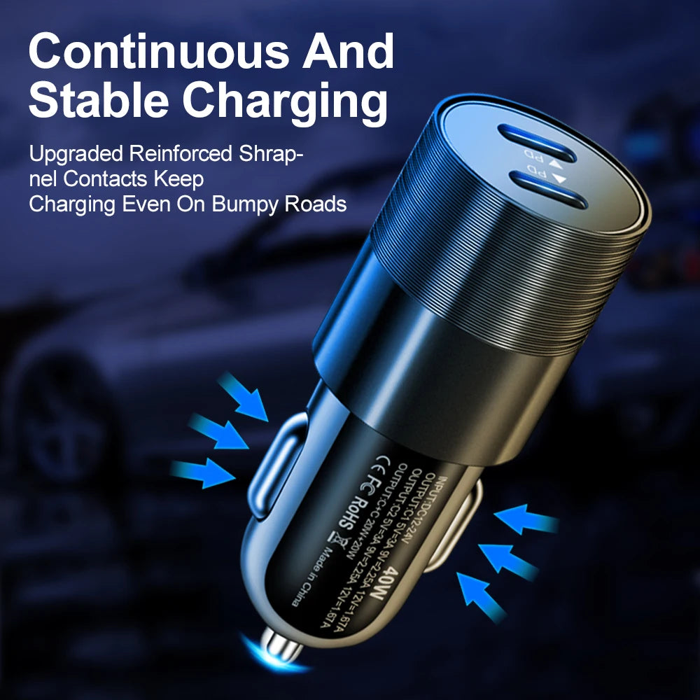 60W Dual USB-C Car Charger | PD Fast Charging Adapter USB-C Car Charger QXL