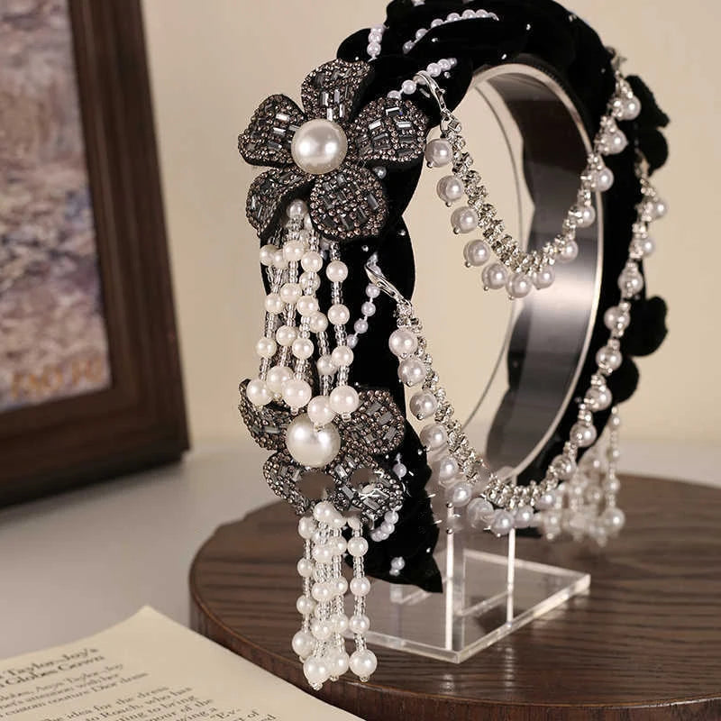 Bridal Flower Pearl Tassel Headband | Wedding Hair Hoop Bridal Hair Headband QXL