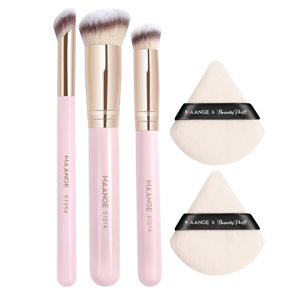 MAANGE 5-Pc Makeup Brush & Triangle Powder Puff Set Makeup Brush Set QXL Pink