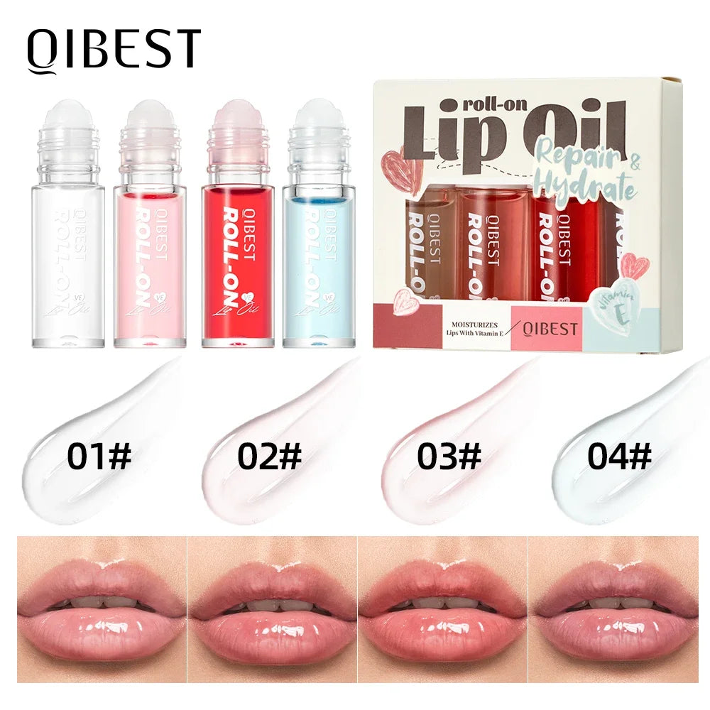 QIBEST 4-Pc Roll-On Lip Oil Set | Hydrating Clear Lip Gloss Roll-On Lip Oil Set QXL Lip Oil Sets