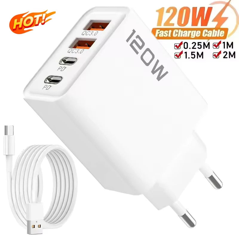 4-Port 120W USB-C Fast Charger | PD & QC3.0 Wall Adapter USB-C Wall Charger QXL