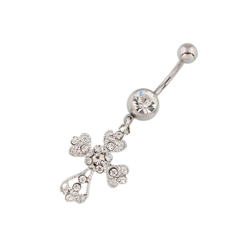 Crystal Cross Belly Button Ring | Stainless Steel Navel Bar Body Piercing Jewelry QXL