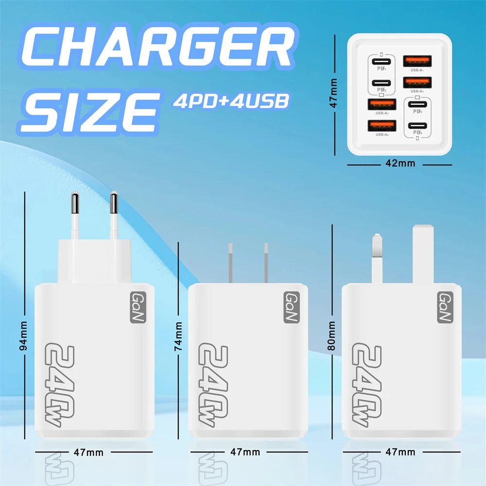 240W GaN 8-in-1 USB-C Fast Charger | EU US UK Wall Adapter Multi-Port Wall Charger QXL