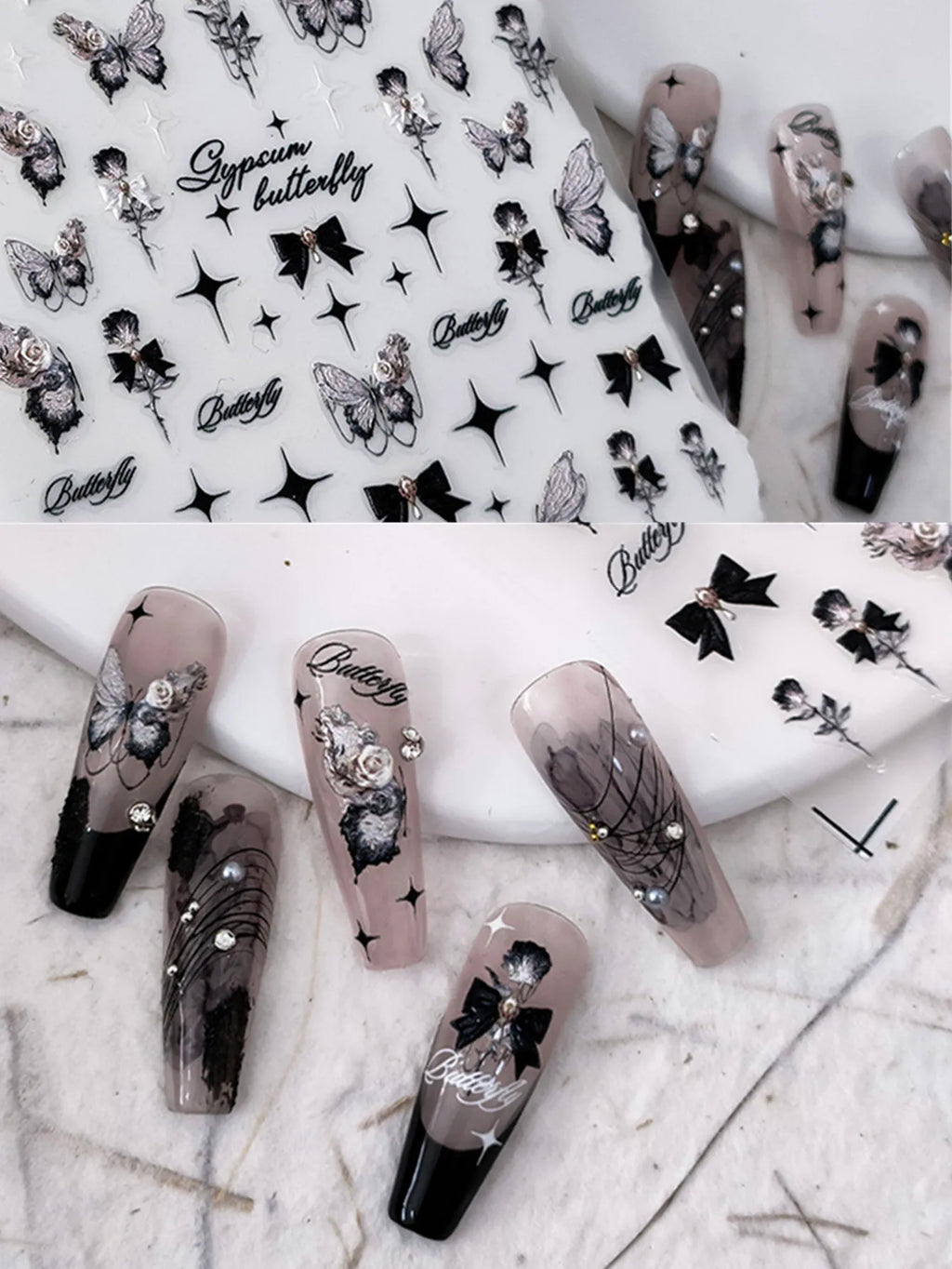 5D Embossed Punk Nail Stickers | Bow Butterfly Star Decals Nail Art Stickers QXL