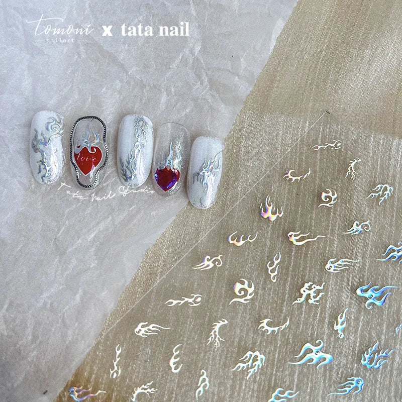 5D Laser Silver Flame Nail Stickers | Hot Stamping Decals Nail Art Stickers QXL