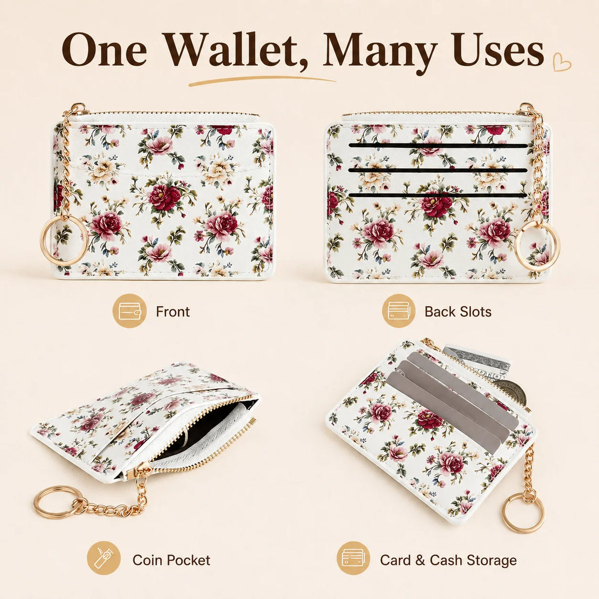 Floral Mini Card Holder Wallet | Coin Purse & Card Organizer Mini Card Wallet QXL