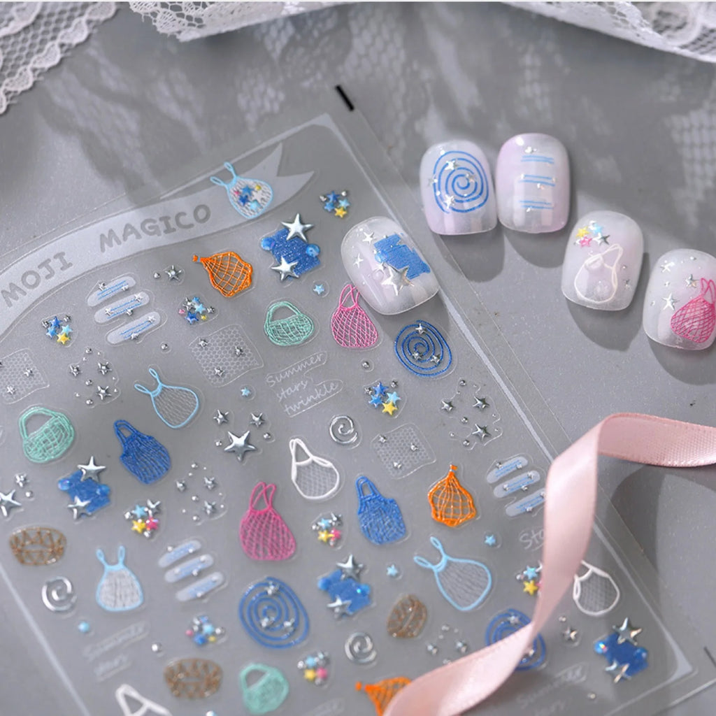 5D Self-Adhesive Nail Stickers – Glitter Stars & Swirl Decals Nail Art Stickers QXL