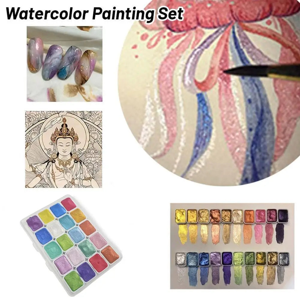 20-Color Pearl Shimmer Solid Watercolor Paint Set | Nail & Art Watercolor Paint Set QXL