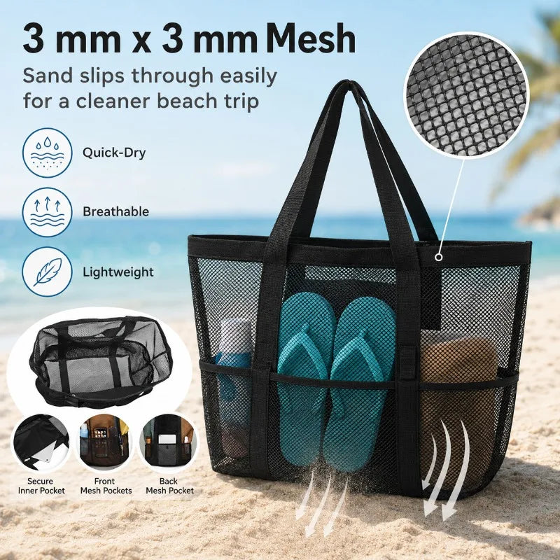 Large Mesh Beach Bag Tote – 8 Pockets, Quick-Dry Pool Organizer Mesh Beach Tote QXL