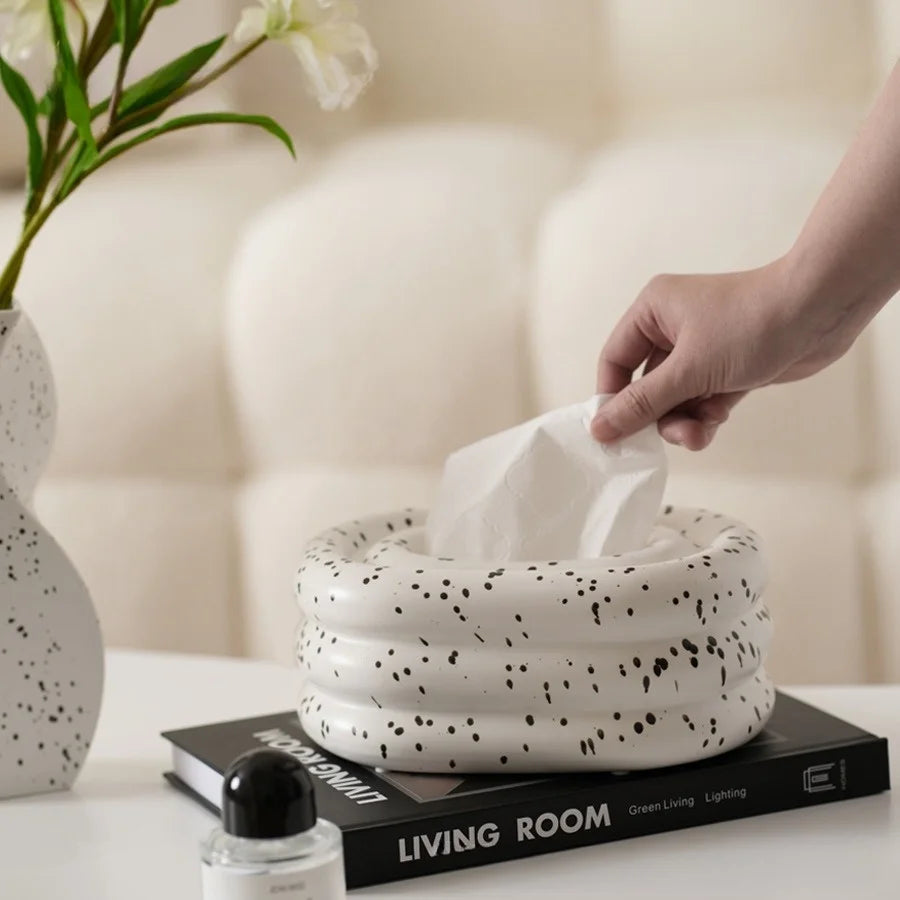 Ceramic Tissue Box Holder | Creamy Circular Desktop Organizer Ceramic Tissue Box QXL