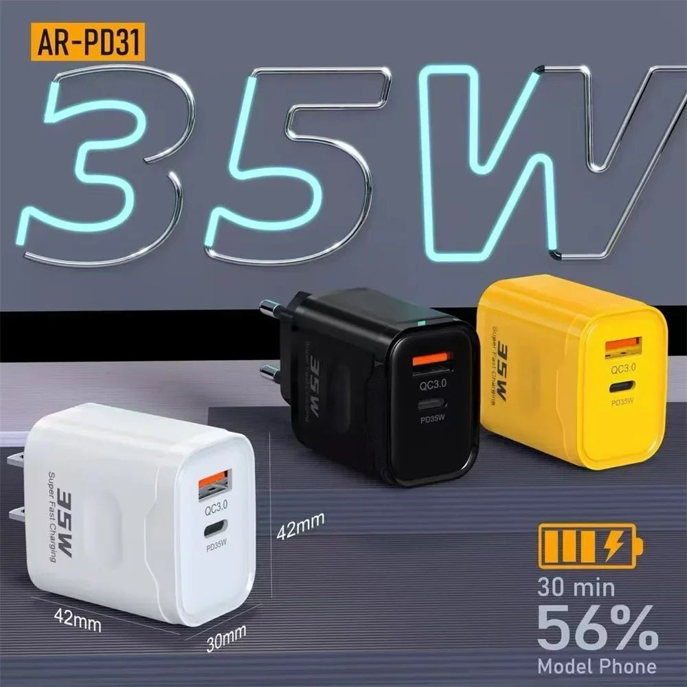 35W USB-C Fast Charger QC3.0 PD Wall Adapter EU US Plug USB-C Wall Charger QXL