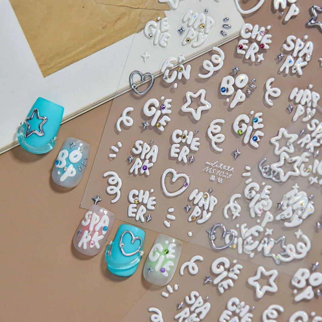 5D Bubble Font Nail Stickers – SPARK HAPPY CHEER Word Decals Nail Art Stickers QXL