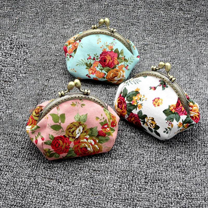 Women's Vintage Rose Canvas Coin Purse – Kiss Lock Clip Bag Canvas Coin Purse QXL