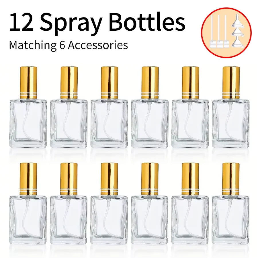 12-Pack 15ml Refillable Perfume Spray Bottles + Funnels Perfume Spray Bottle Set QXL Gold 15ml Glass