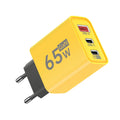 65W GaN USB-C Fast Charger 3-Port PD QC3.0 Wall Adapter GaN Wall Charger QXL Yellow EU Plug