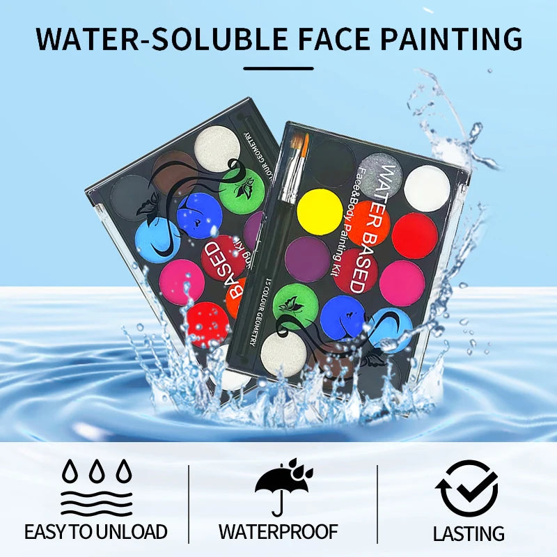 15-Color Body Face Paint Kit with Stencil & Brush | VERONNI Body & Face Paint Kit QXL