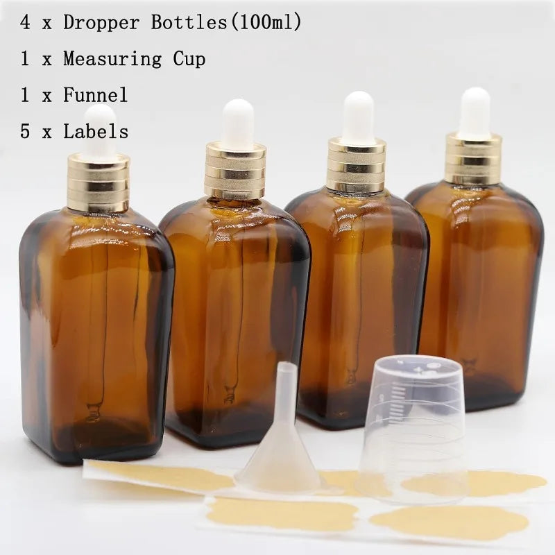 4-Pack 100ml Amber Glass Dropper Bottles | Oil & Serum Glass Dropper Bottles QXL