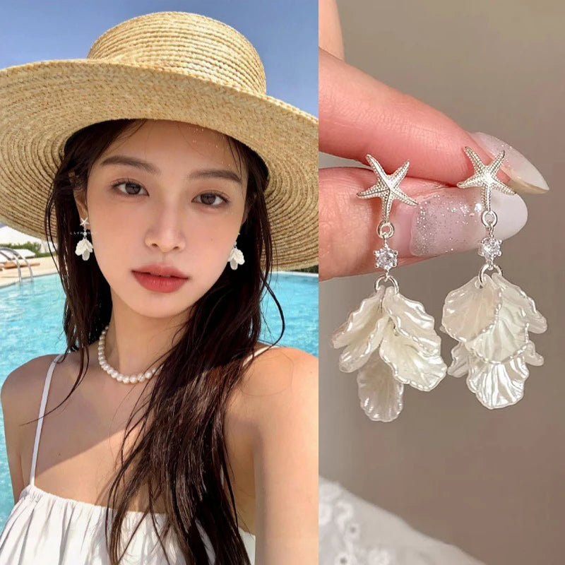 Ocean Starfish Shell Drop Earrings | Summer Statement Jewelry Drop Dangle Earrings QXL A1