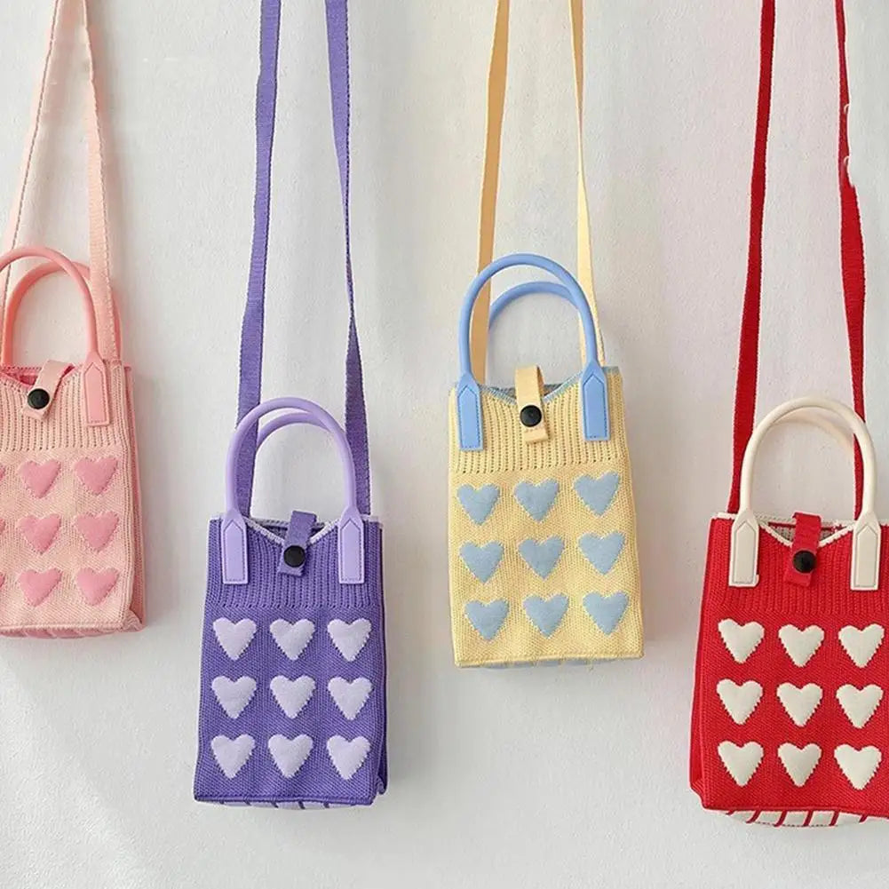 Knitted Heart-Shaped Mini Phone Bag | Crossbody Shoulder Purse Mini Crossbody Bag QXL