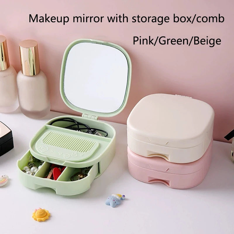 Folding Desktop Makeup Mirror with Storage Box & Comb Folding Vanity Mirror QXL