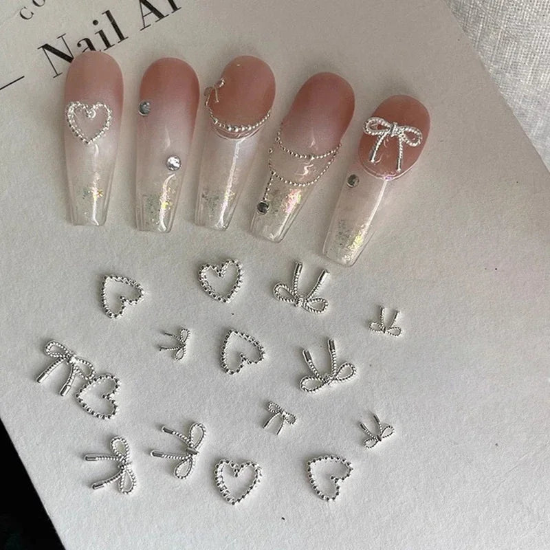10-Pack 3D Alloy Bow & Heart Nail Art Charms | Silver Metal Nail Art Charms QXL