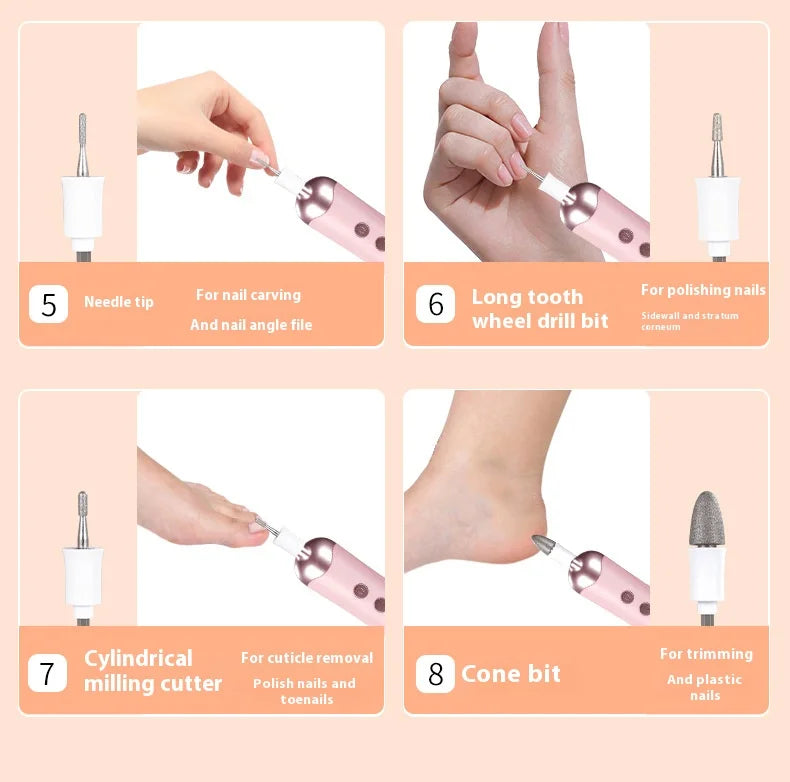 8-in-1 Cordless Electric Nail Drill | Silent Rechargeable Kit Electric Nail Drill QXL