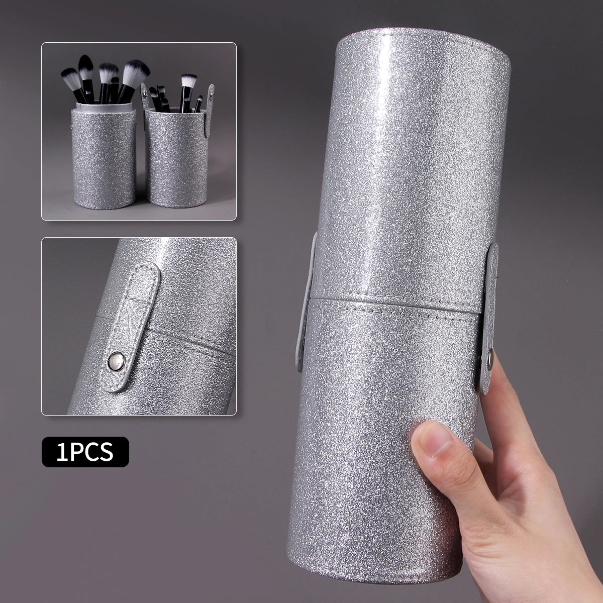 Glitter Silver Makeup Brush Holder | Portable Cylinder Case Makeup Brush Holder QXL