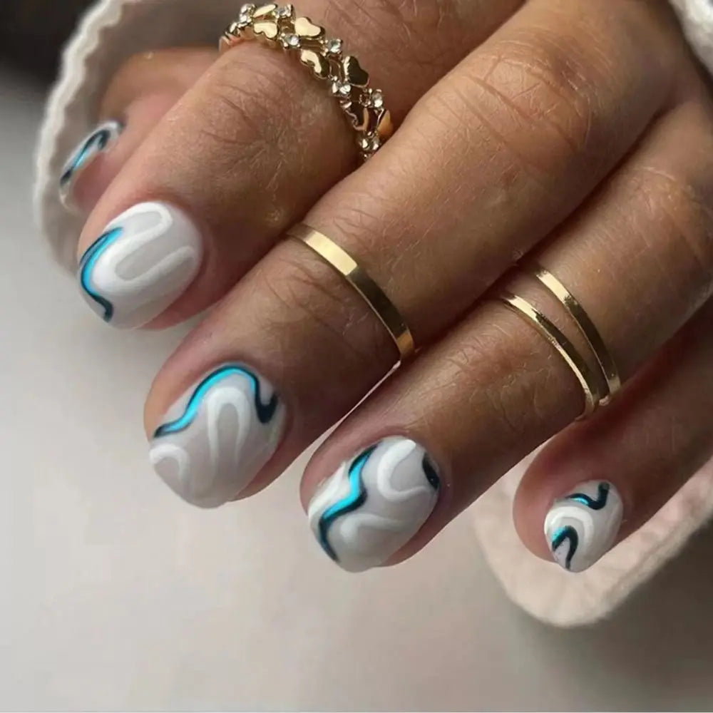24-Pack Short Round French False Nails – Blue Pearl Hearts Press-On Nail Tips QXL
