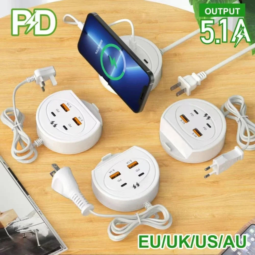 4-Port USB-C PD Wall Charger Hub with Phone Stand | EU US UK USB Wall Charger QXL