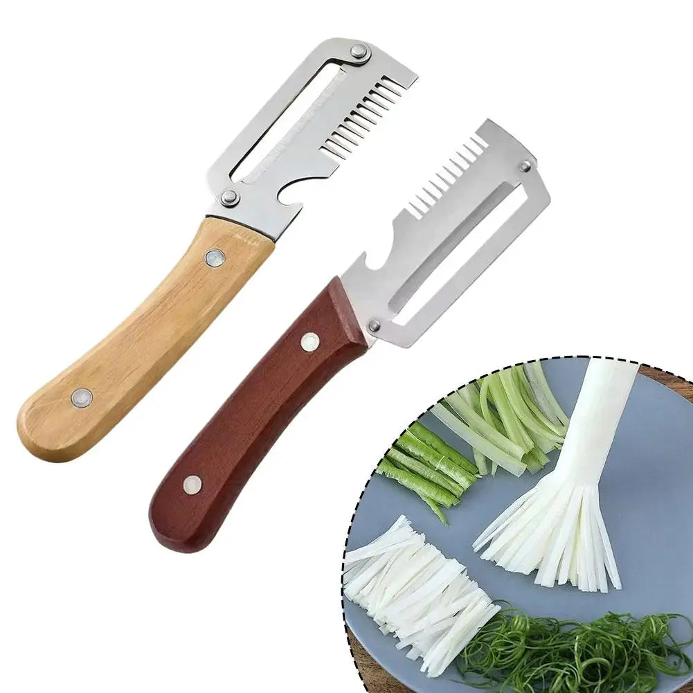 3-in-1 Scallion Shredder & Onion Slicer | Wooden Handle Kitchen Slicer Tool QXL