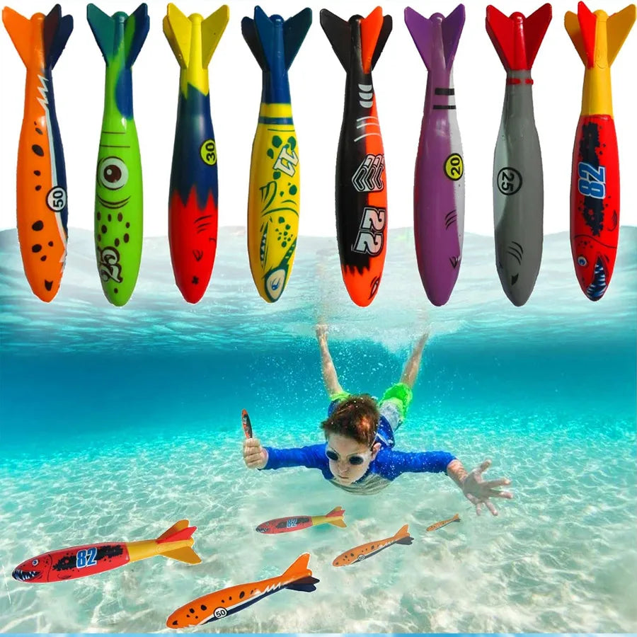Sinking Diving Pool Toy Set | Torpedo Shark Rocket 1/4/8 Pc Diving Pool Toy Set QXL