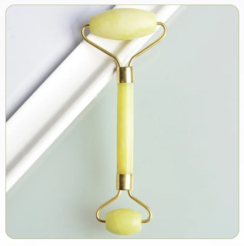 Jade Face Roller & Gua Sha Board Set | Natural Stone Massager Jade Facial Roller Set QXL Yellow CN