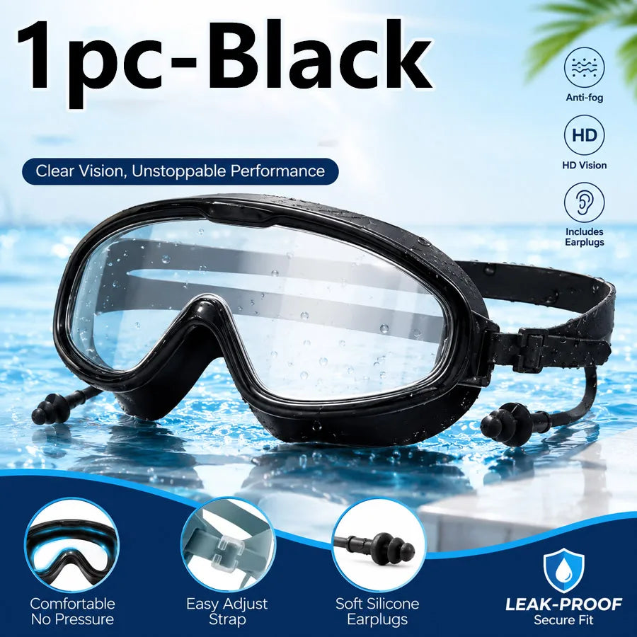 Adult Wide-Vision Swim Goggles with Earplugs | Anti-Fog
