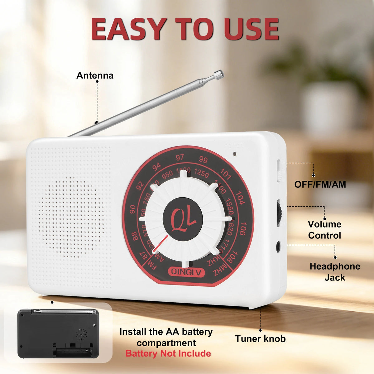 Portable AM/FM Radio | Big Speaker & Earphone Jack – White Portable AM/FM Radio QXL