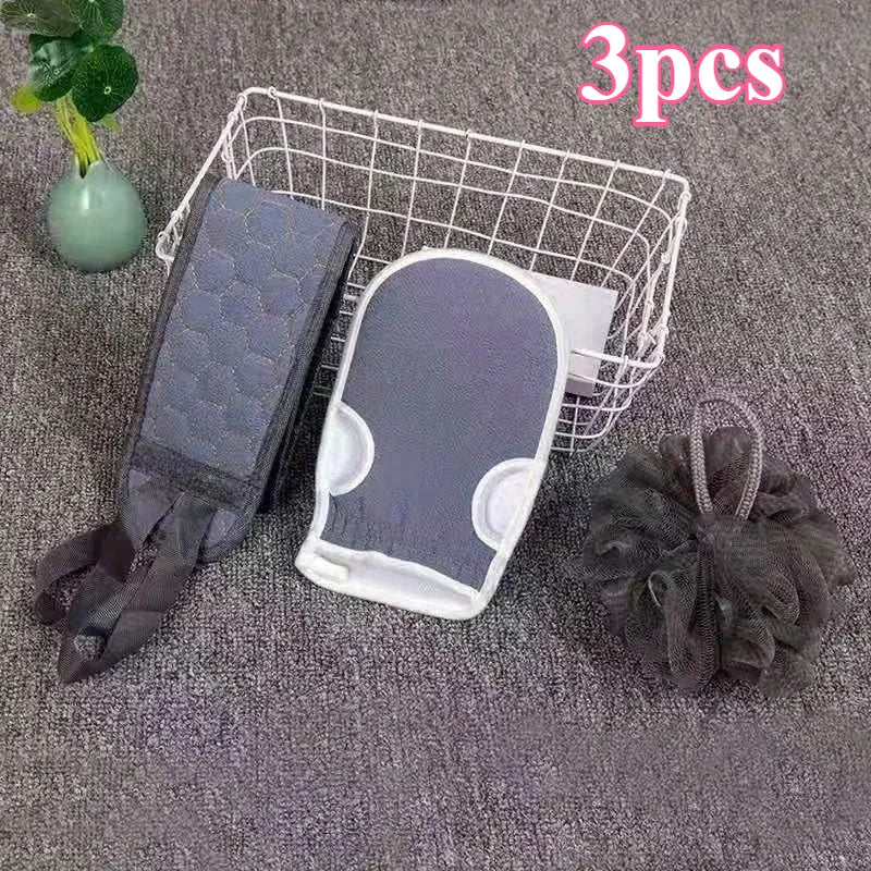 3-Pack Flower Bath Ball & Scrubbing Towel Set | Exfoliator Bath Scrubber Set QXL GRAY 3pcs