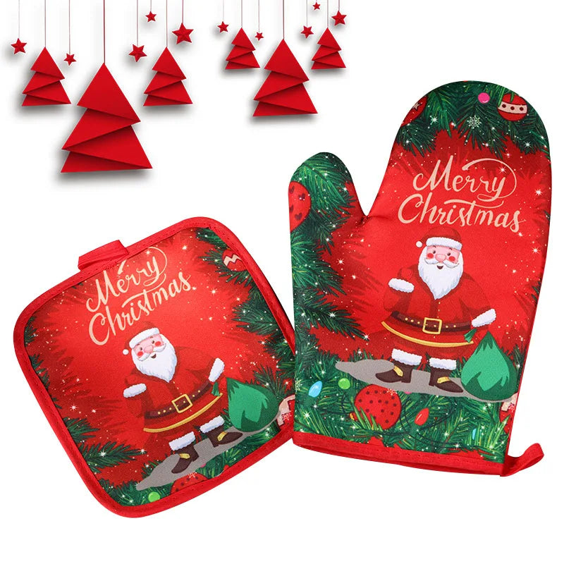 Christmas Oven Mitts & Potholder Set | Santa Snowman Deer Oven Mitt Set QXL
