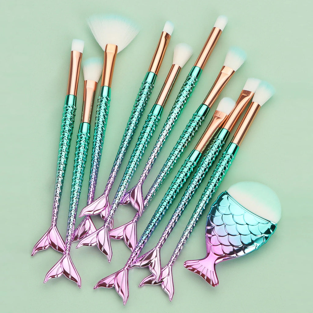 11-Pc Mermaid Makeup Brush Set | Fish Scale Gradient Handles Makeup Brush Set QXL