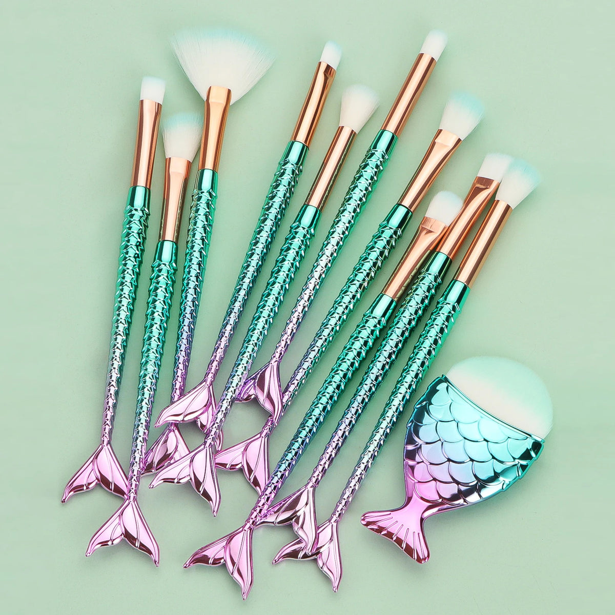 11-Pc Mermaid Makeup Brush Set | Fish Scale Gradient Handles Makeup Brush Set QXL