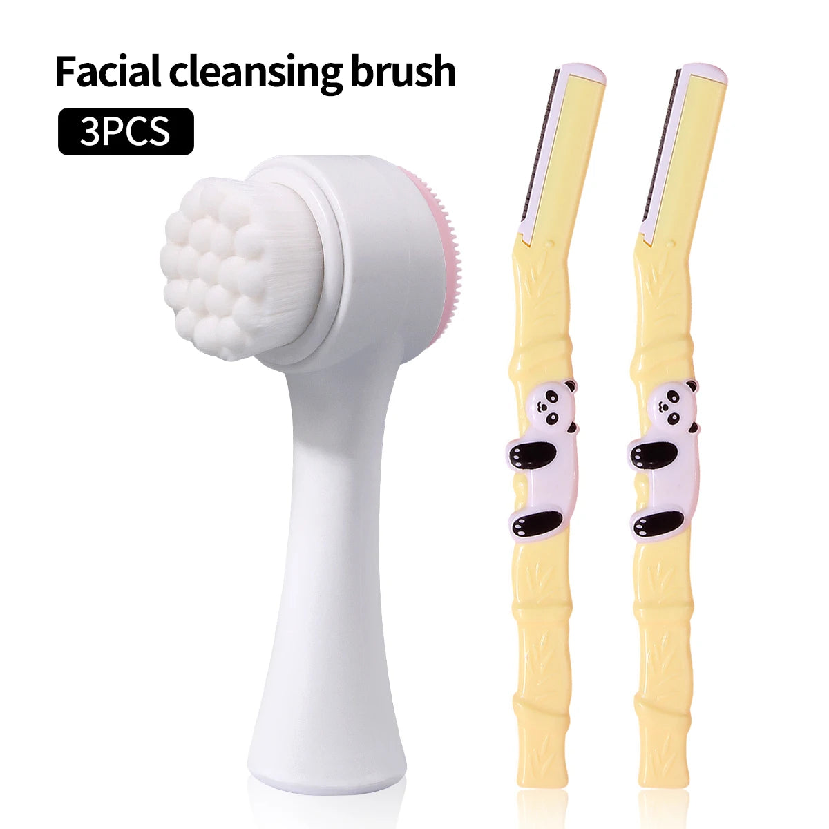 3-Pc Facial Cleansing Brush & Panda Eyebrow Trimmer Set Facial Cleansing Set QXL