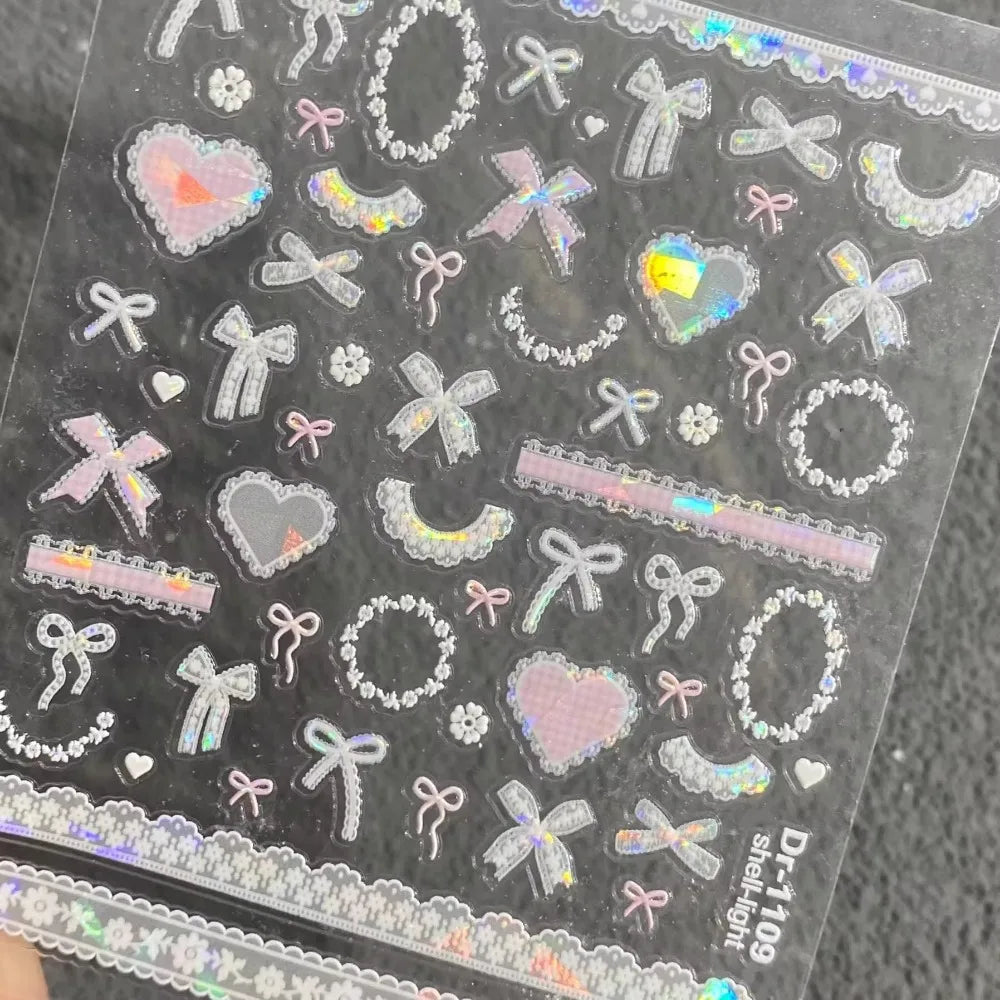 3D Lace Bow Nail Stickers | Embossed Shiny Shell Decals Nail Art Stickers QXL